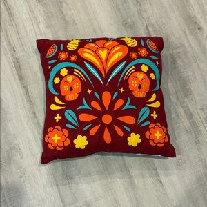 Dia De Los Muertos 16 X 16  Maroon Calavera Decorative Pillow